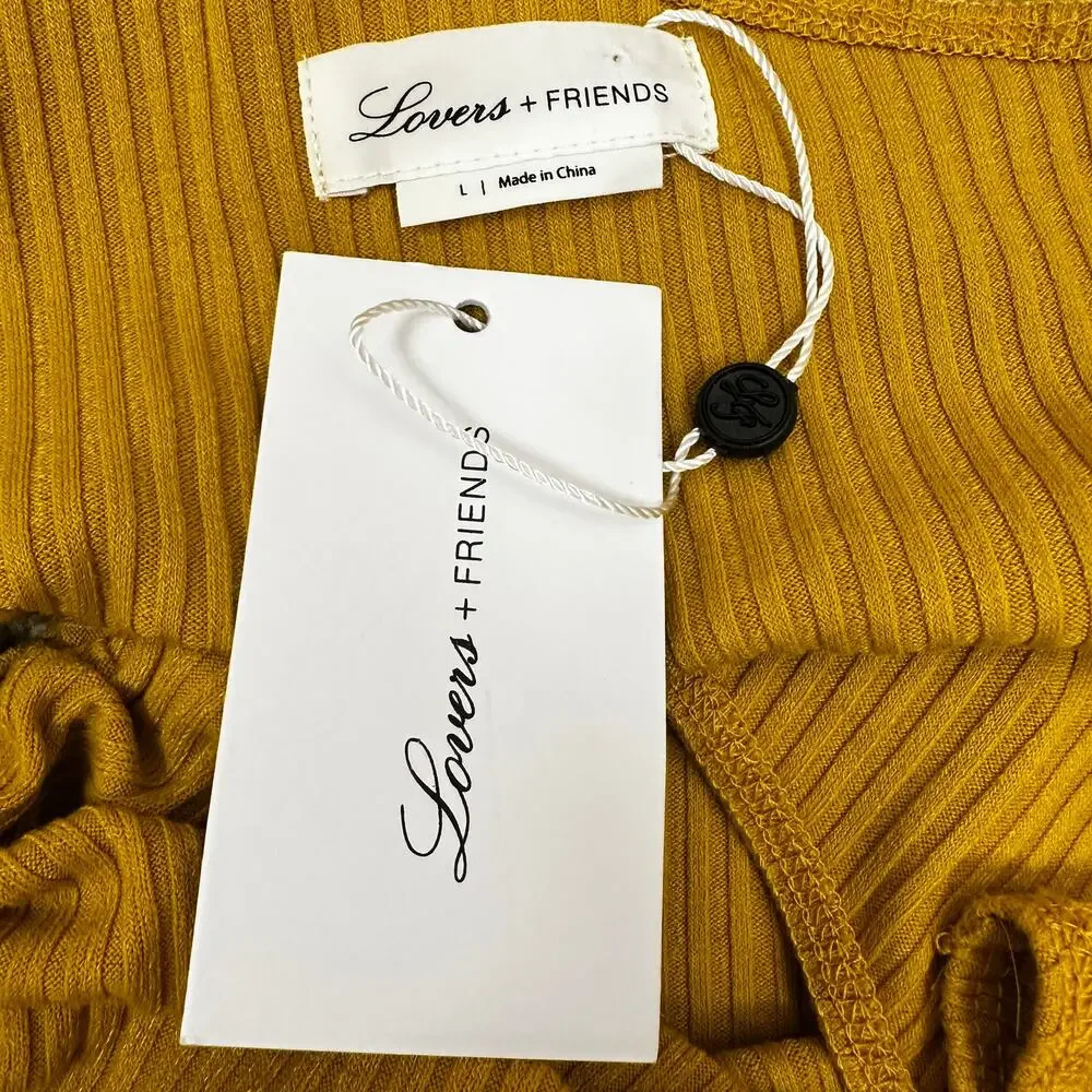 NEW Lovers + Friends Everly Top Ribbed Knit Crop Double V-Neck Mustard Yellow Lg